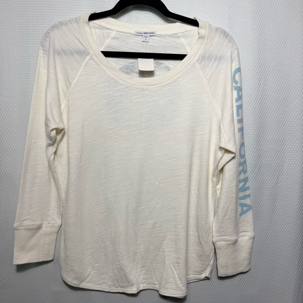 James Perse Cream Long-Sleeve Tee with Light Blue Sleeve Graphic